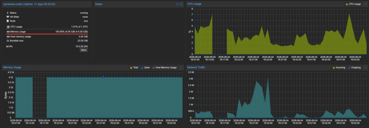 OPNsense VM summary showing modest CPU demand and fully committed memory